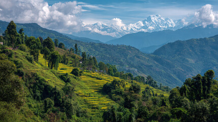 Beautiful landscape of terraced fields and majestic mountains on a sunny day.