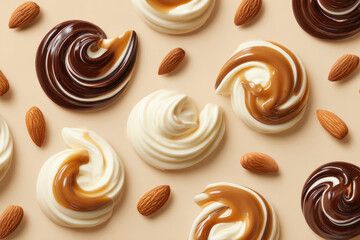 Fototapeta premium Delicious swirls of chocolate and caramel cream with almonds food setting close-up gourmet experience culinary art