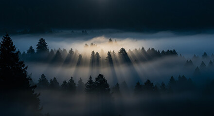 Dramatic Forest Silhouette with God Rays Piercing Through Misty Fog.