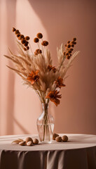 Minimal dried bouquet on a neutral table - terracotta wall, glass vase
