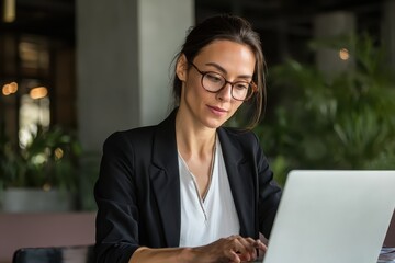 Business woman collaborating efficiently on laptop in a modern office setting during daytime, surrounded by greenery and contemporary decor