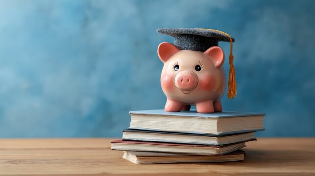 College Piggy Bank. Baby Pig in Graduate Hat on Stack of Books with Blue Background