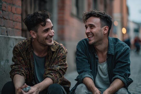 Two gay men enjoying laughter together outdoors in an urban setting during the early evening light - Powered by Adobe