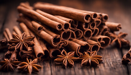 Cinnamon and spices - cinnamon sticks, anise, wooden background