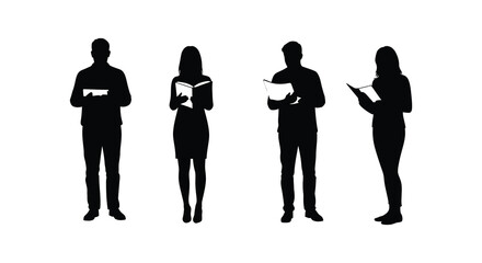 Silhouettes of people reading books on a white background