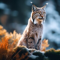 Obraz premium Majestic Eurasian Lynx in Snowy Forest Habitat at Golden Hour