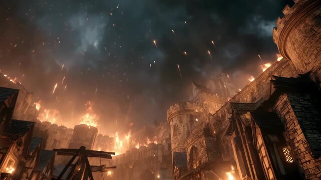 Medieval Fortress Under Siege With Flaming Arrows