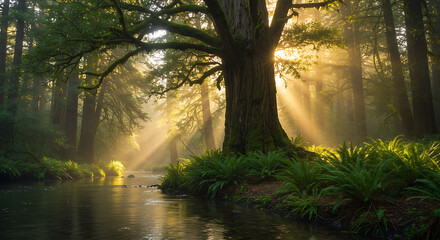 Obraz premium Sunlit Stream Through the Forest