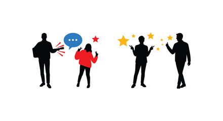 Silhouettes of people with stars speech bubbles and guitars