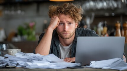 Confused Paperwork: Stressed Businessman Filling Tax Forms on Laptop Computer at Home
