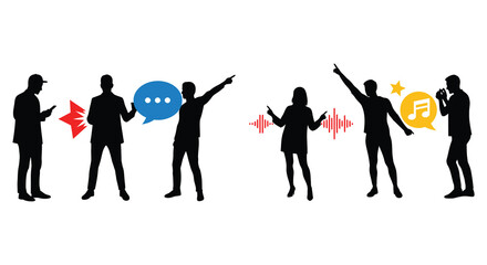 Silhouetted People Communicating with Speech Bubbles and Sound Waves