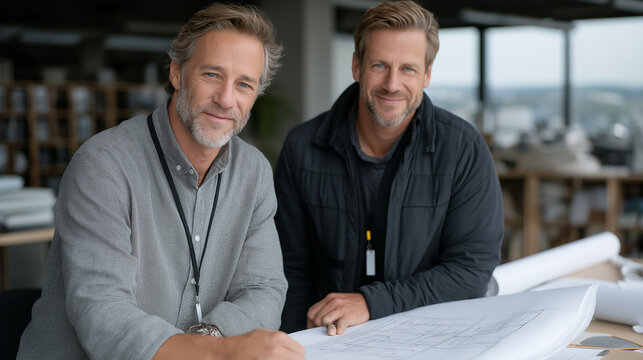 Creative Professionals Engaged in Project Discussion While Holding Blueprint in Stylish Office With Floor-to-Ceiling Windows and City Skyline,architects in office, blueprint review, architectural team