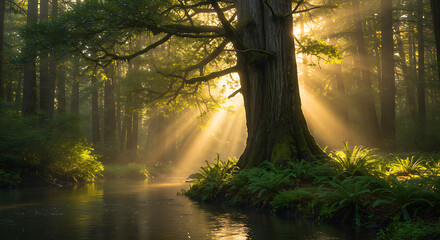 Obraz premium Sunlit Stream Through the Forest