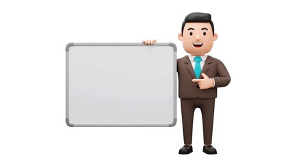 person pointing a big blank white board, cartoon 3D illustration, isolated on white background
