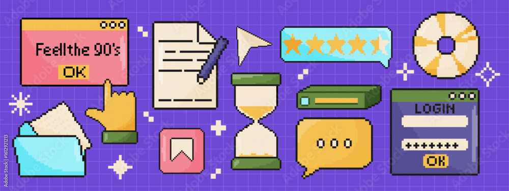 Poster 8 bit retro pc element window set. pixel art objects. old school computer graphic style.