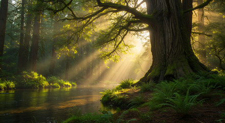 Obraz premium Sunlit Stream Through the Forest