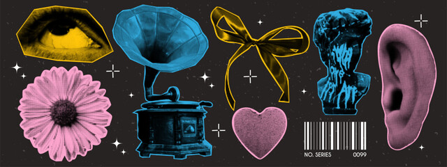 Dotted halftone collage set. Gramophone, eye, flower, heart, bow, greek statue, ear and barcode shapes with dotted texture. Grunge punk y2k design elements.