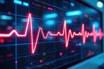 Vibrant red electrocardiogram heartbeat line on a dark digital display