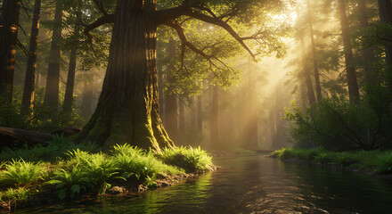 Obraz premium Sunlit Stream Through the Forest