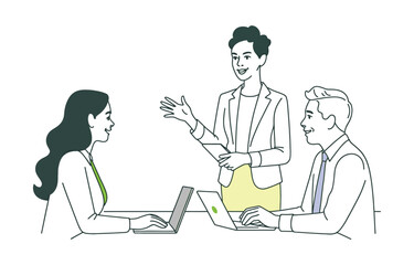 Minimal icon of tech-enabled group discussion, portraying teamwork, idea exchange, and modern workplace collaboration in a professional setting.