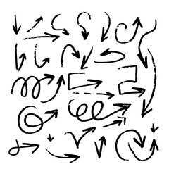 Spiral arrows, hand-drawn. Vector illustration. A set of spiral doodle arrows, isolated on a white background. Fancy line rotation, wave curve, arrows.