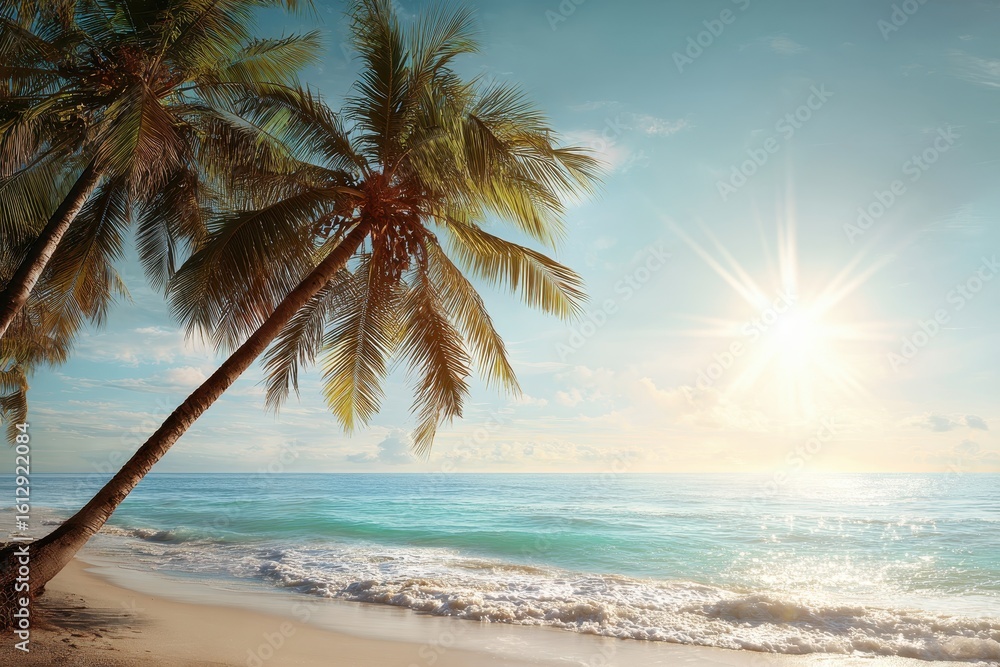 Poster golden sun setting over a tranquil beach with palm trees swaying in a gentle breeze, creating a sere