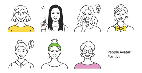 Minimal icon set of expressive avatars, showcasing diverse personalities, positive gestures, and unique styles for identity and profile use.