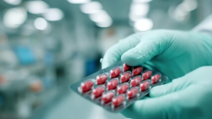 Gloved hands hold blister pack of red pills pharmaceutical medicine healthcare, 4k video footage - Powered by Adobe