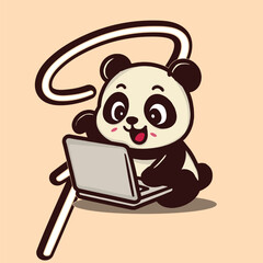 Cute panda in p alphabet opening laptop cartoon animals icon