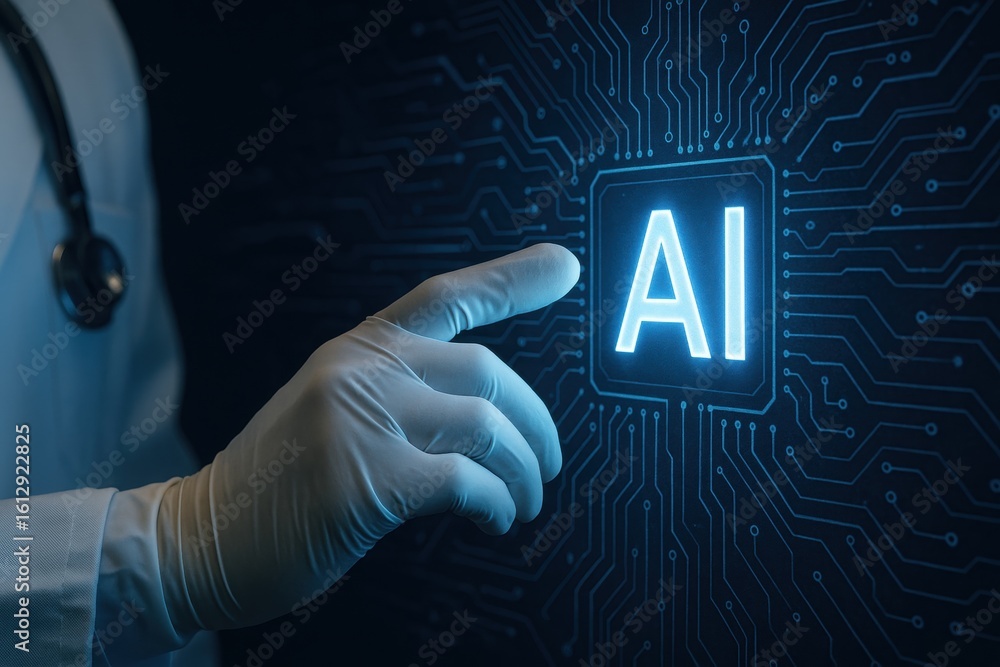Poster ai in healthcare: a doctor's gloved hand interacts with an ai interface. symbolic representation of 