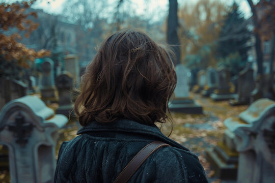 Grieving young person mourning a loved one in a cemetery generative AI picture