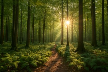 Obraz premium Floresta densa com raios de sol e caminho de terra ao amanhecer