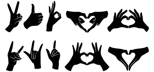 Set of various black silhouette woman hands. Vector collection of female hands of different gestures.