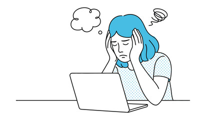 Minimal icon of overwhelmed professional at laptop, depicting workplace stress, mental overload, and emotional fatigue in a tech-driven job.