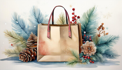 Festive watercolor paper shopping bag, winter foliage, pine branches. Holiday, Christmas, New Year
