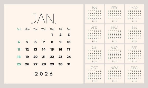 Minimalist style monthly calendar template for 2026 year. English calendar. Week starts on Sunday. Set of 12 months. Simple design with big letters, typographic elements. Square composition
