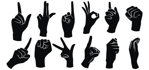 Set of various black silhouette woman hands. Vector collection of female hands of different gestures.