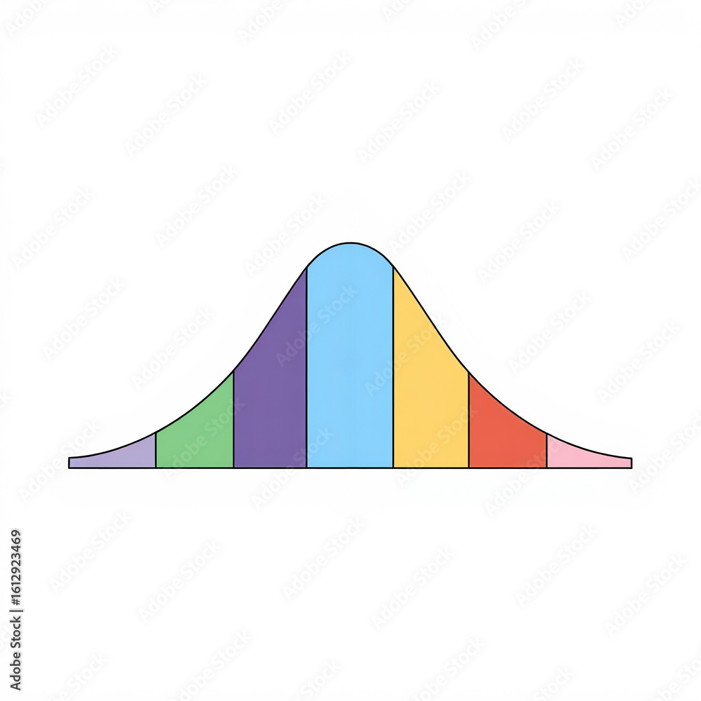 Poster a colorful bell curve chart divided into seven vertical sections, each with a different color, repre