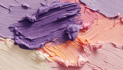 Coral, lavender, and beige brushstrokes across canvas form a peaceful, abstract art texture.