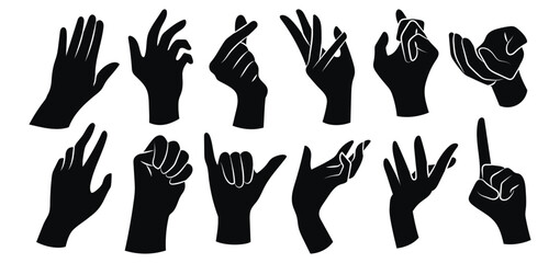 Set of various black silhouette woman hands. Vector collection of female hands of different gestures.
