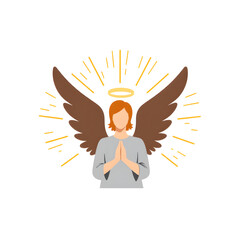 Angelic figure with wings and halo praying in a serene pose  