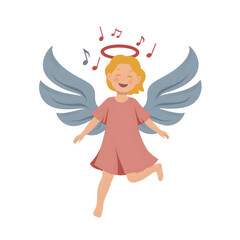 Happy angelic child dancing with wings and musical notes  