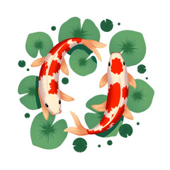 Koi fish swimming among green lily pads in a circular arrangement  