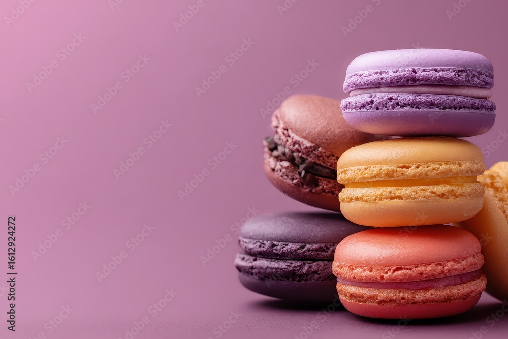 Poster colorful macarons stacked on a table with a soft purple backdrop create an inviting and sweet atmosp