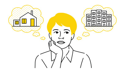 Minimal icon of individual deciding between house and apartment, symbolizing real estate choices, lifestyle planning, and residential preferences.
