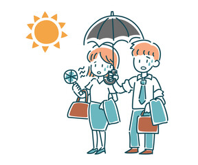 暑い日に日傘をさすスーツ姿の男女のベクターイラスト