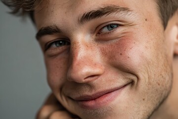 Obraz premium Close face portrait of a young man with a happy expression captured indoors during the daytime with warm lighting highlighting his features and freckles