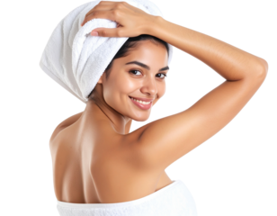 Relaxed woman with towel on head and shoulders, self-care scene isolated on white bac