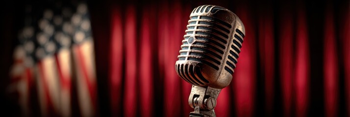 Vintage microphone in front of red curtains with an American flag backdrop during a performance