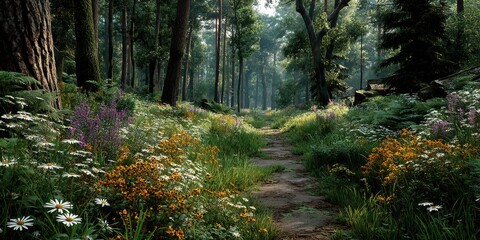 Lush forest pathway surrounded by wildflowers under dappled sunlight during early morning hours